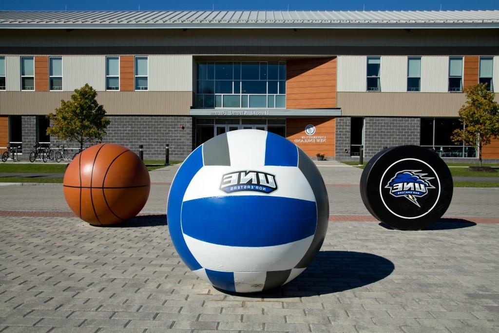 A puck, volleyball, and basketball placed outside the Harold Alfond Forum