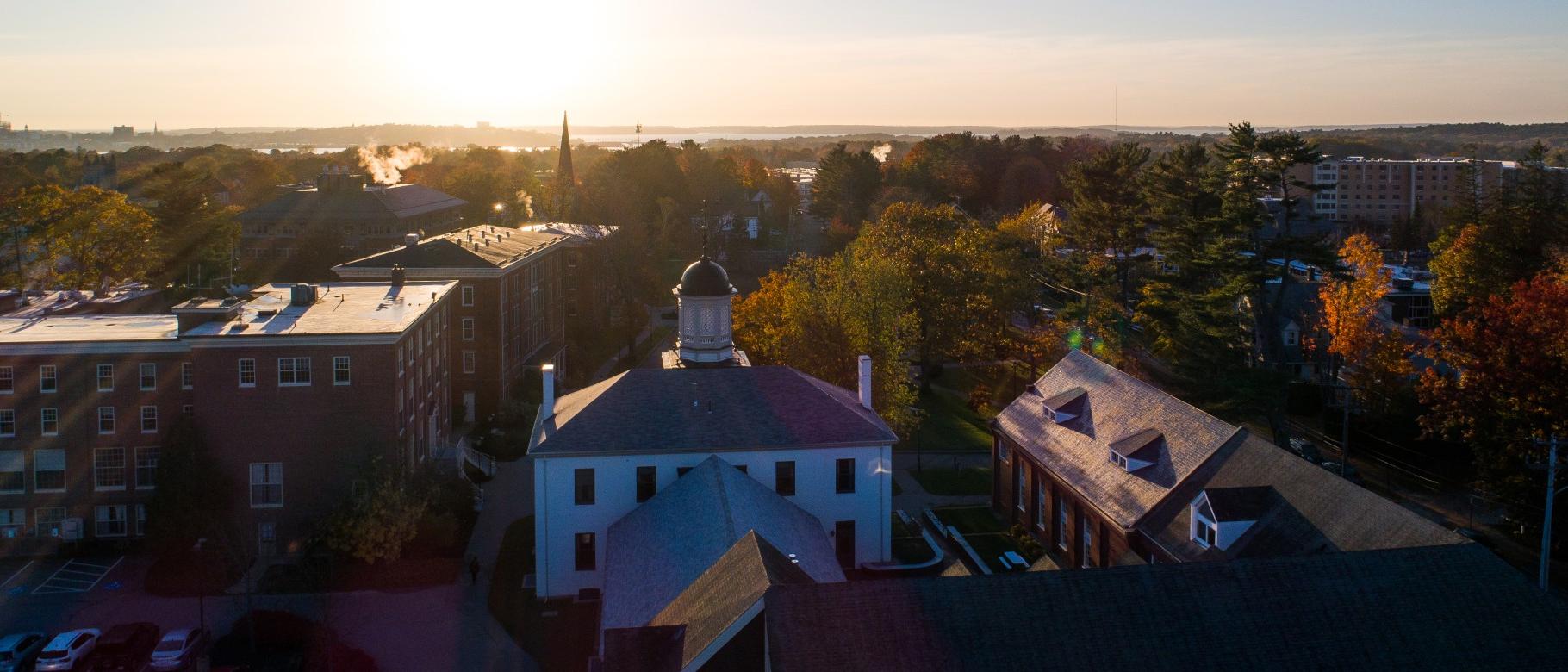 Drone image of Portland Campus and surrounding area at sunset