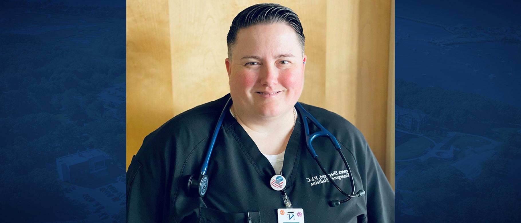 Photo of a woman in scrubs with a stethoscope, smiling, overlaid against a blue background